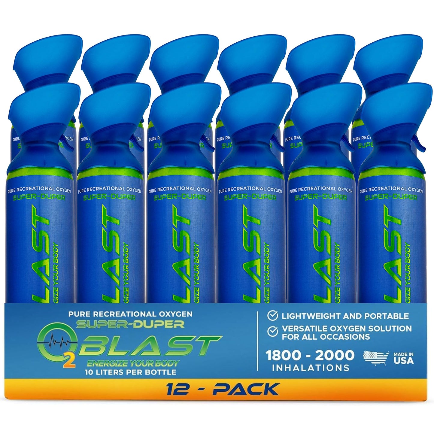 O2 Blast – Pure Oxygen for Energy, Recovery & Performance - 10-Liter Can with Custom Breathing Mask, Pack of 12