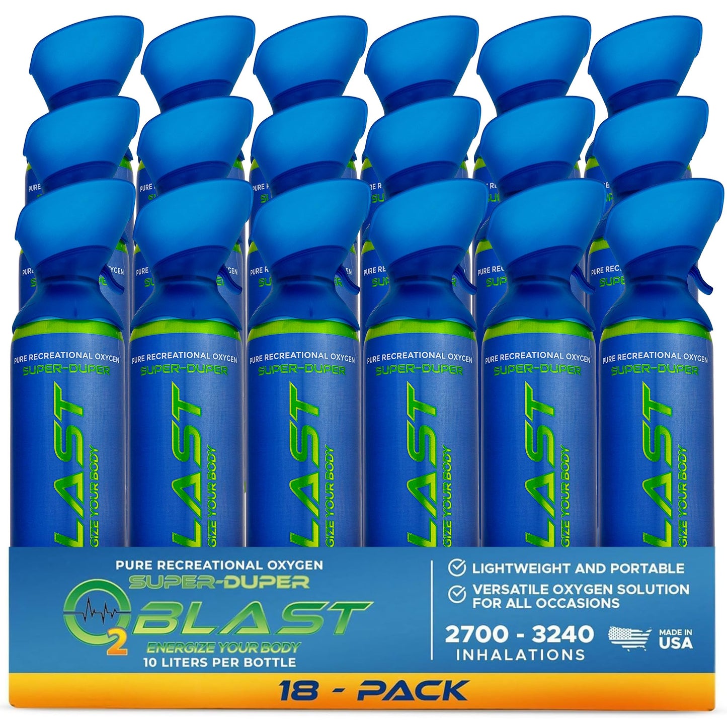 O2 Blast – Pure Oxygen for Energy, Recovery & Performance - 10-Liter Can with Custom Breathing Mask, Pack of 18