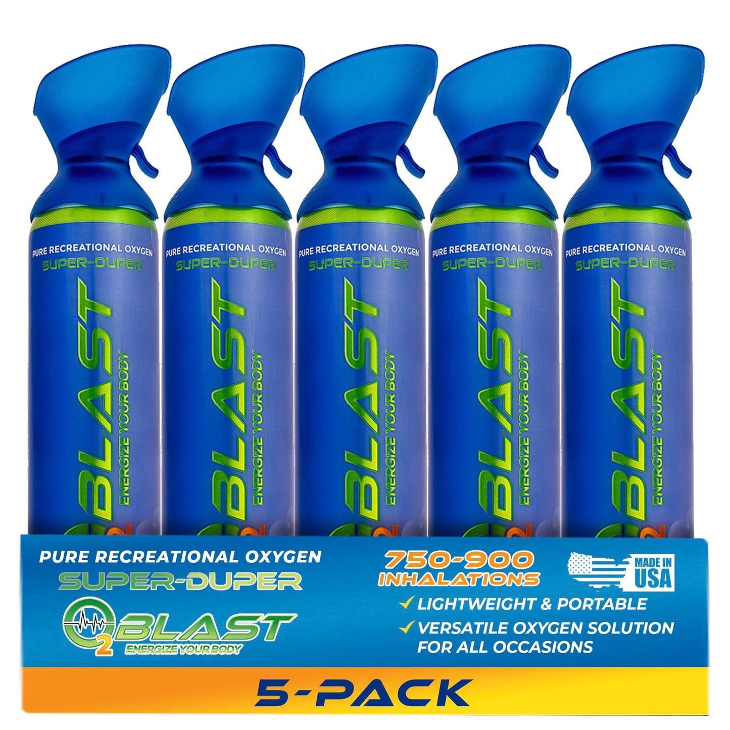 O2 Blast – Pure Oxygen for Energy, Recovery & Performance - 10-Liter Can with Custom Breathing Mask, Pack of 5