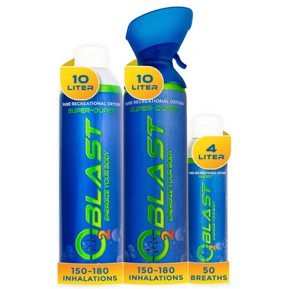 O2 Blast – Pure Oxygen for Energy, Recovery & Performance - 10-Liter and 4-Liter Can with Sanitary Flip Top Cap, 10-Liter Can with Custom Breathing Mask, Pack of 3