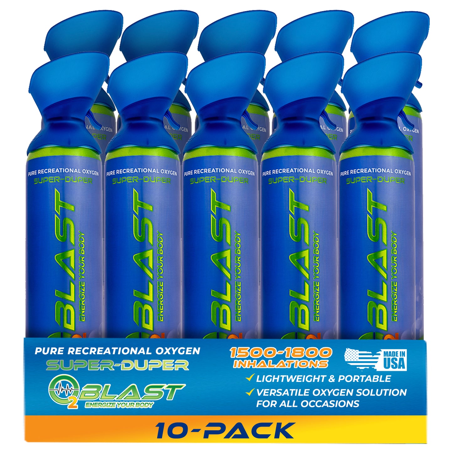 O2 Blast – Pure Oxygen for Energy, Recovery & Performance - 10-Liter Can with Custom Breathing Mask, Pack of 10